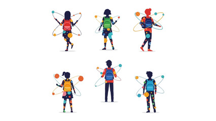 Fototapeta premium School Kids Concept Illustration: A dynamic illustration portrays school children with atom designs, symbolizing education and knowledge.