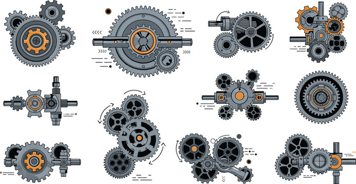 Mechanical gear system collection with industrial cogwheels engineering technology rotation mechanism machine parts vector illustration set