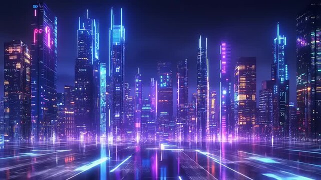 Futuristic Cityscape with Neon Lights at Night.