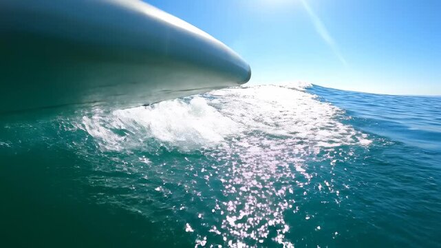 Thrilling Surfing POV showing the surfboard tip gliding through crystal clear blue ocean waves under a bright sun perfect for extreme sports promos and summer vacation travel content.