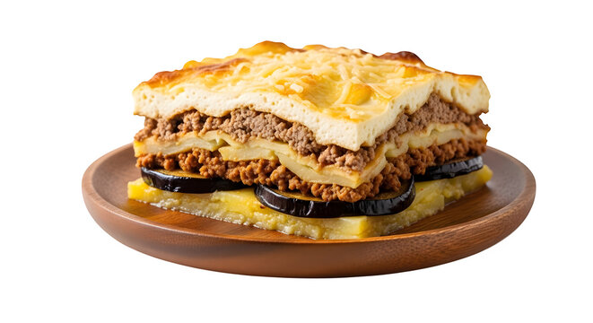 Greek moussaka served on a plate on a wooden plate. Layers of eggplants, potatoes, minced meat and bechamel, isolated on white or transparent background. PNG