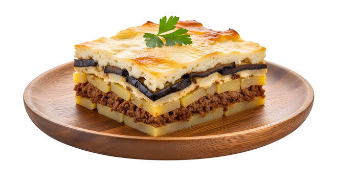 Greek moussaka served on a plate on a wooden plate. Layers of eggplants, potatoes, minced meat and bechamel, isolated on white or transparent background. PNG