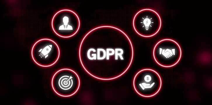 GDPR acronym with business icons in red circles on a dark world map background GDPR general data protection regulation