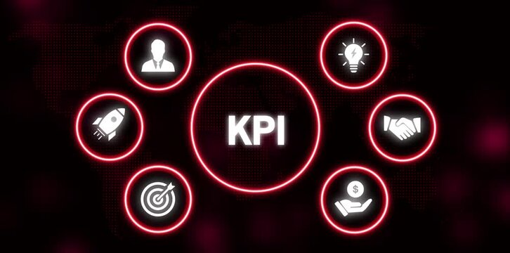 KPI acronym with business icons in red circles on a dark world map background key performance indicator