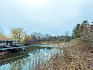 Obraz premium People walk near a calm lake in a park during a cloudy day in spring with bare trees and a wooden bridge in view