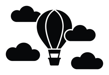 Black and white silhouette of a hot air balloon floating among clouds © Monoyar