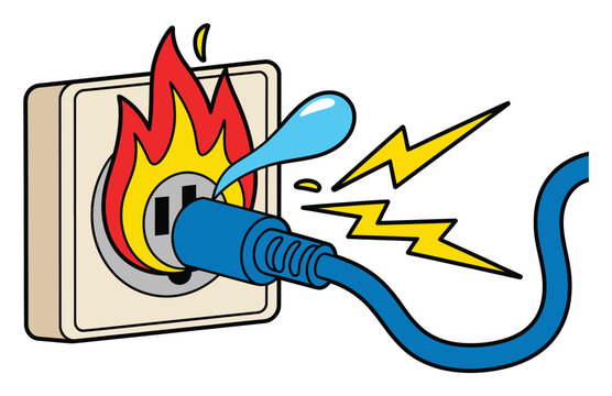 Cartoon of an electrical outlet on fire with a plug inserted and sparks flying