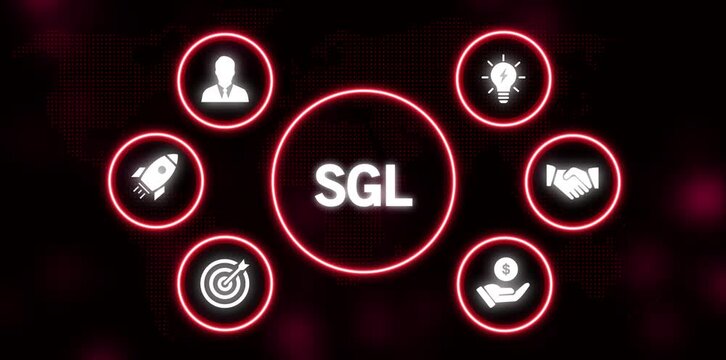 SGL concept with business icons in glowing circles on dark world map background strategy finance