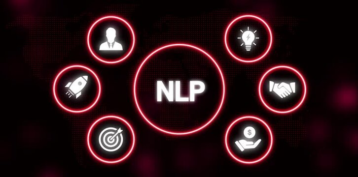 NLP concept with business icons in glowing circles on dark world map background Natural Language Processing