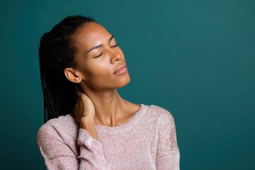 Obraz premium African female young adult neck discomfort hand on neck eyes closed teal background wearing knit sweater showing tension