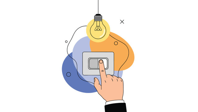 Hand flicking a light switch with a bright bulb glowing against a colorful background to symbolize a creative and smart idea.