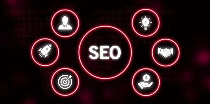 SEO search engine optimization concept with glowing red circles and business icons on a dark digital world map background