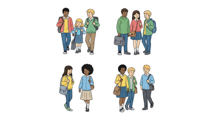 Fototapeta premium Illustration of Student Community: A set of illustrations depicts students of diverse backgrounds socializing and walking together. Exploring connection, friendship, and education.