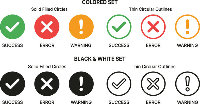 Check mark cross and exclamation point icon set for success error and warning status in solid and line style