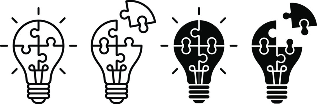 Set of light bulb puzzle icons for problem solving and creative thinking in line art and solid style