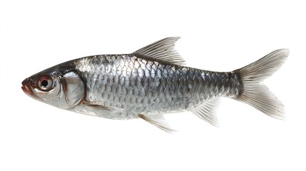 Fototapeta premium Studio Shot of a Fresh Silver Freshwater Fish with Shimmering Scales, Isolated on White