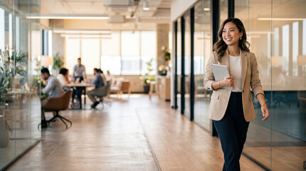Fototapeta premium Confident young Asian businesswoman smiling and walking with a digital tablet in a bright modern office corridor with a diverse team collaborating in the blurred background