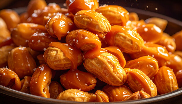 Close up of caramel peanuts with sprinkled salt for food photography