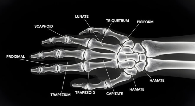 X-ray of human hand and wrist bones labeled with anatomical names