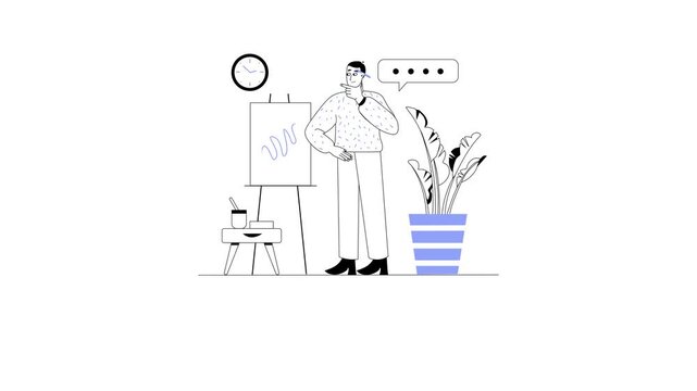 Minimal artist illustration with easel, clock and time to make art animation