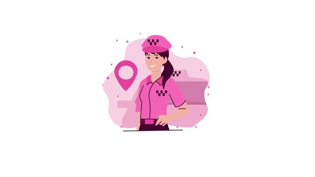 Female taxi driver animation in pink uniform with location pin icon