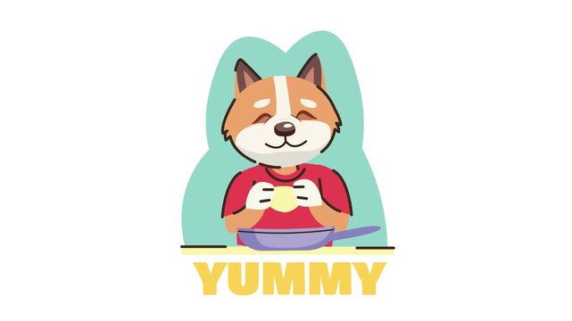 Cute animated fox cartoon cooking in pan with yummy text isolated on white