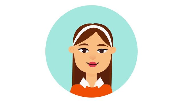 Animated young woman cartoon avatar with headband and orange sweater