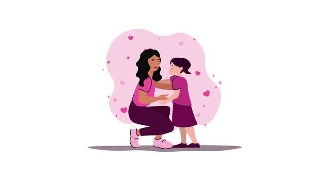 Animated lesbian couple embracing with hearts on pink love background