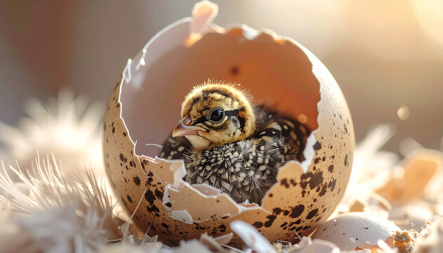 Newborn chick emerges from cracked eggshell with soft feathers and bright light