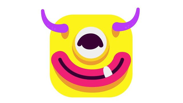 Colorful cartoon monster face icon with horns and big smile animation