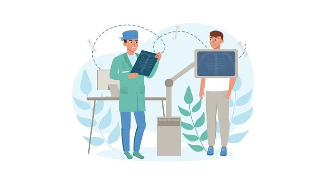 Animated radiology doctors reviewing chest x-rays in medical clinic