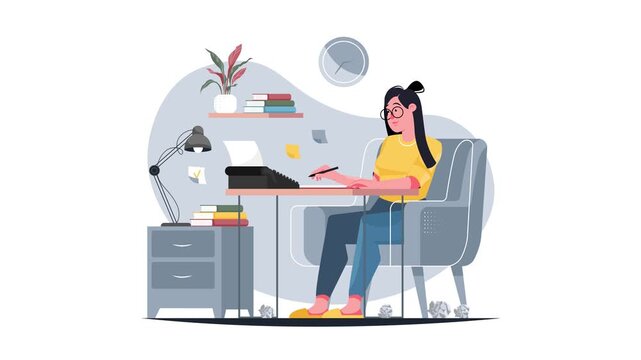 Animated woman writing at desk in cozy home office with creative ideas