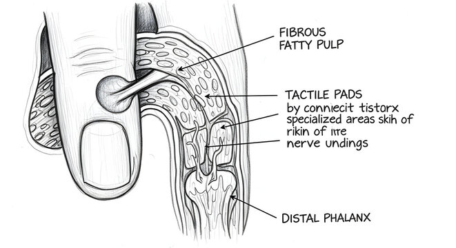 Close up cross section of human fingertip showing tactile pads and distal phalanx detail
