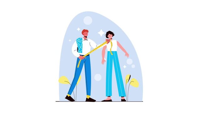 Tailor measuring woman with tape measure in animated fashion illustration