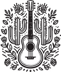 Fototapeta premium Mexican themed guitar illustration with cacti flowers and folk art decorative motifs