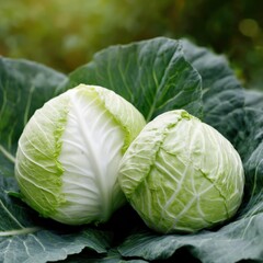 Obraz premium Fresh green cabbage heads on leafy background in natural sunlight