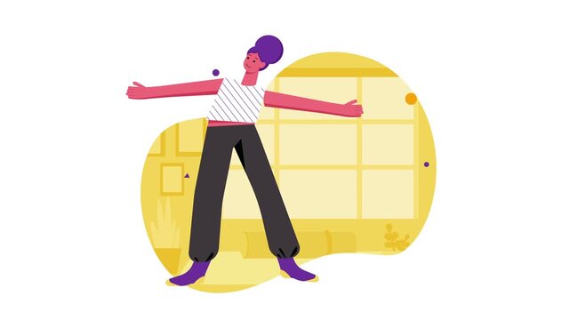 Animated woman stretching in bright yellow living room interior