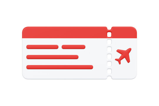 3D red airplane boarding pass ticket with plane icon on white background. Minimal travel illustration representing flight booking, check-in and air transportation concept