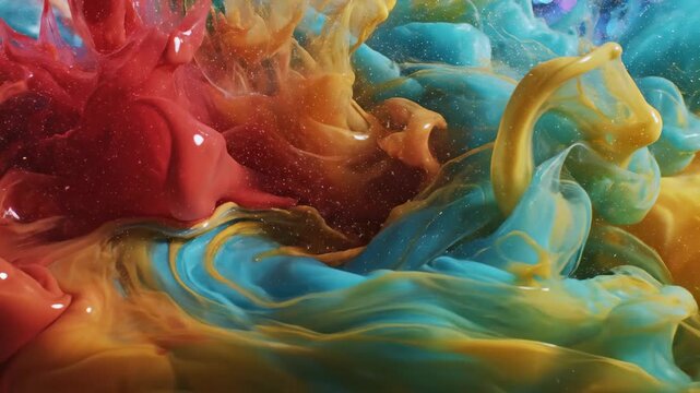 Vibrant Abstract Ink Swirl with Colorful Paint Mixing and Glitter in Water for Creative Backgrounds and Artistic Transitions.