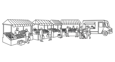 A bustling outdoor farmers market scene with vendors and people shopping © MdAbdul