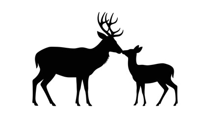 Fototapeta premium Silhouette of a deer with antlers and a fawn standing together