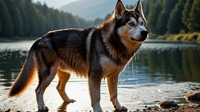 Dog Running in Water on Lake Shore.