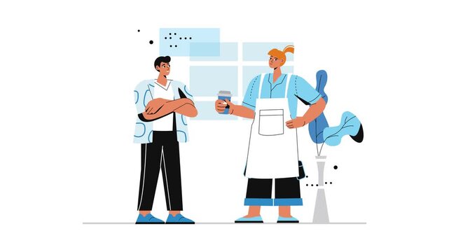 Animated restaurant staff chatting in modern cafe interior with coffee cup