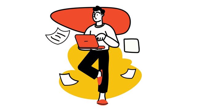 Cartoon man working on laptop with work till! banner, vector animation