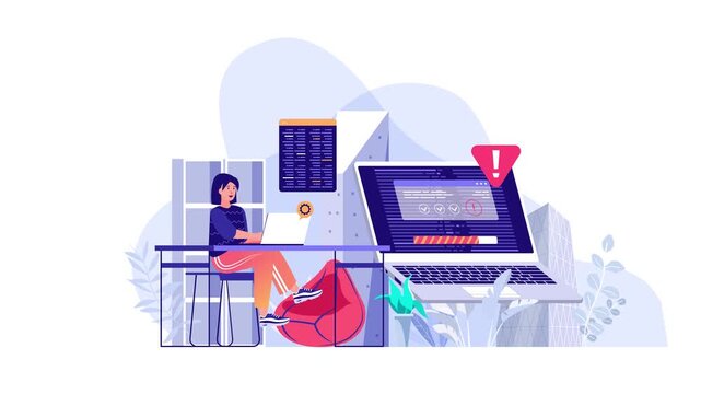 Woman Working on Laptop with Cybersecurity Alert and Error Screen