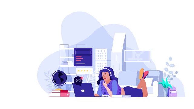Animated woman with headset using laptop in modern home office