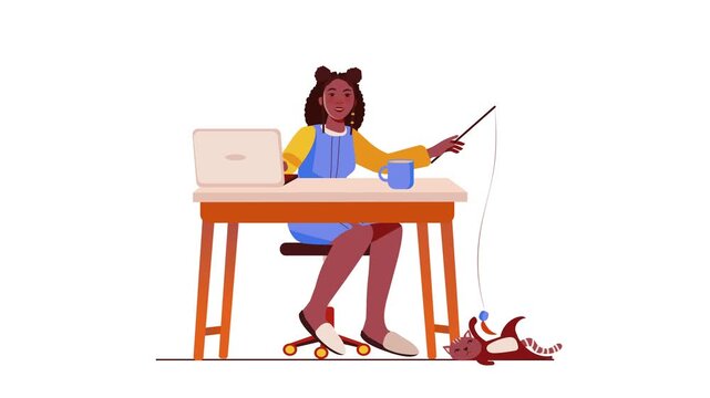 Animated black woman fishing at desk while cat plays in home office