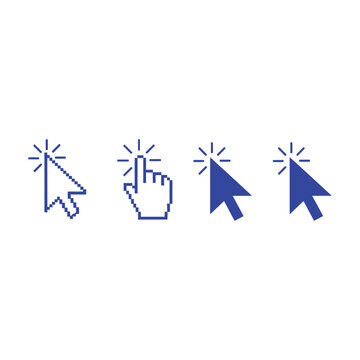 Digital mouse cursors represent different states of user interaction, featuring both standard arrow pointers and a hand cursor suggesting a clickable action on a screen.