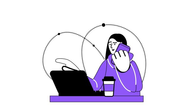Animated woman multitasking with laptop, smartphone and coffee at desk