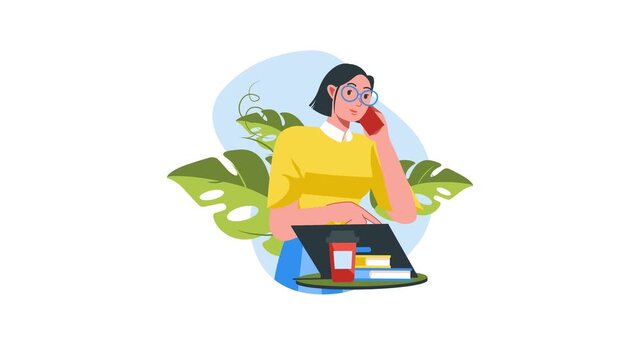 Flat vector animation of woman on phone beside laptop, coffee and books